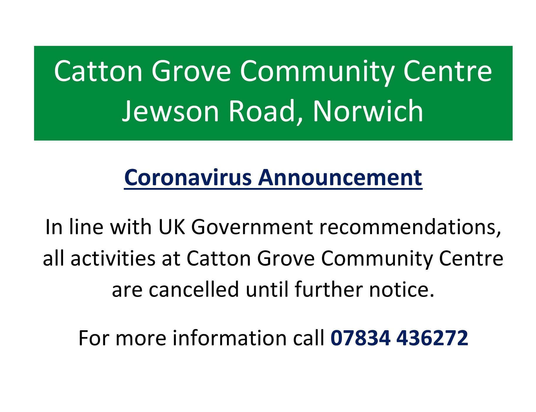 Catton Grove Community Centre is closed for all community activities until further notice